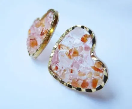 Carnelian, Rose Quartz, Cherry Quartz Earrings with Resin – Heart – 3